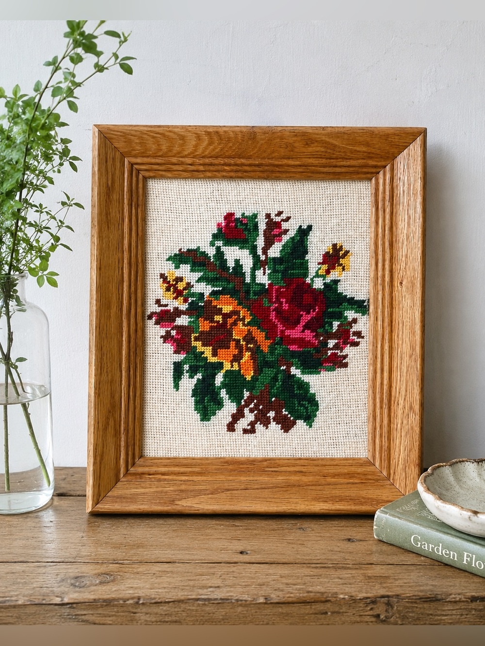 Charming Vintage Floral Needlepoint Wall Art Framed Cottage Traditional Decor